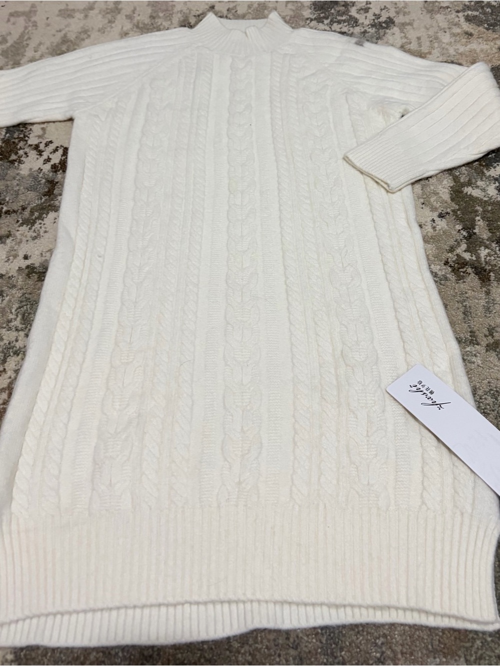 Cable Knit Mock Neck Sweater Dress - White